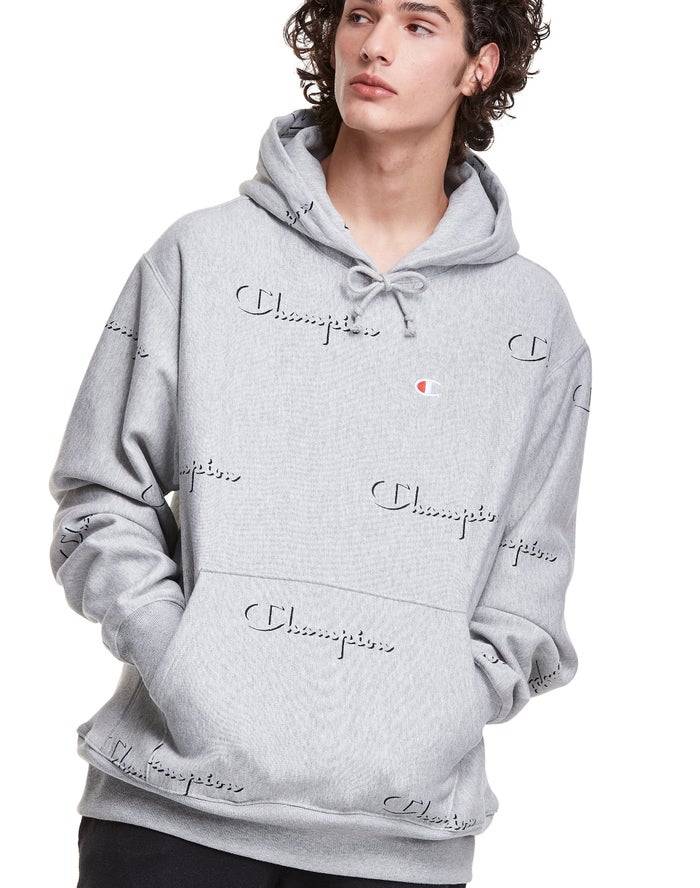 Champion Mens Hoodie NZ - Reverse Weave All Over Print Grey ( 4960-ELGBD )